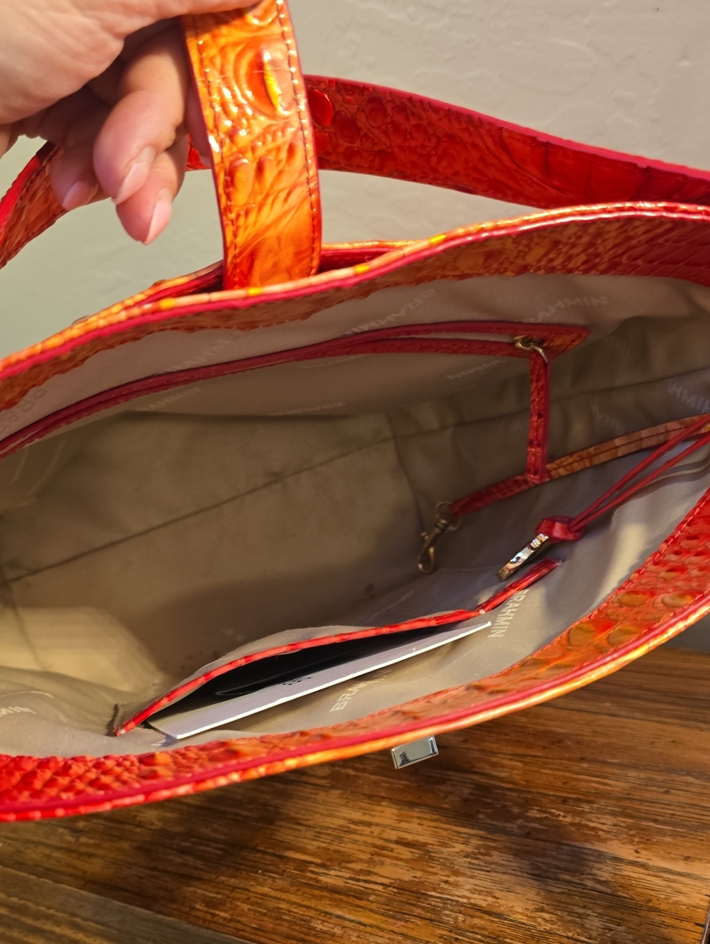 Brahmin Vibrant Red-Orange Croc-Embossed Shoulder Bag - Picture 5 of 6